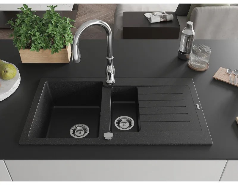 Mexen Matias, 1,5-komorový granitový drez 900x505x200 mm a drezová batéria Savita, čierna-strieborná metalíza, 6502-73-672601-00