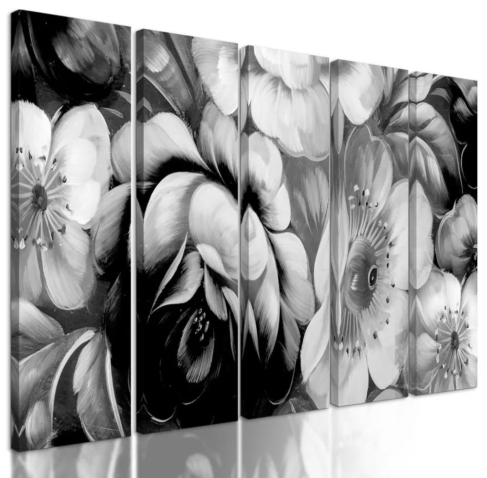 5-dielny obraz abstraktná maľba kvetín v čiernobielom prevedení
