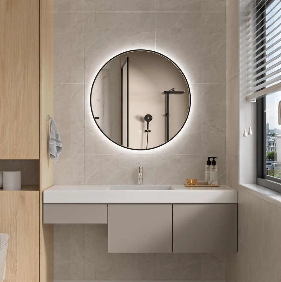 Erga Emma, okrúhle LED zrkadlo 70cm, čierny kovový rám, 1610 lm, 6500K, zadné osvetlenie, ERG-V01-201-7070-BK