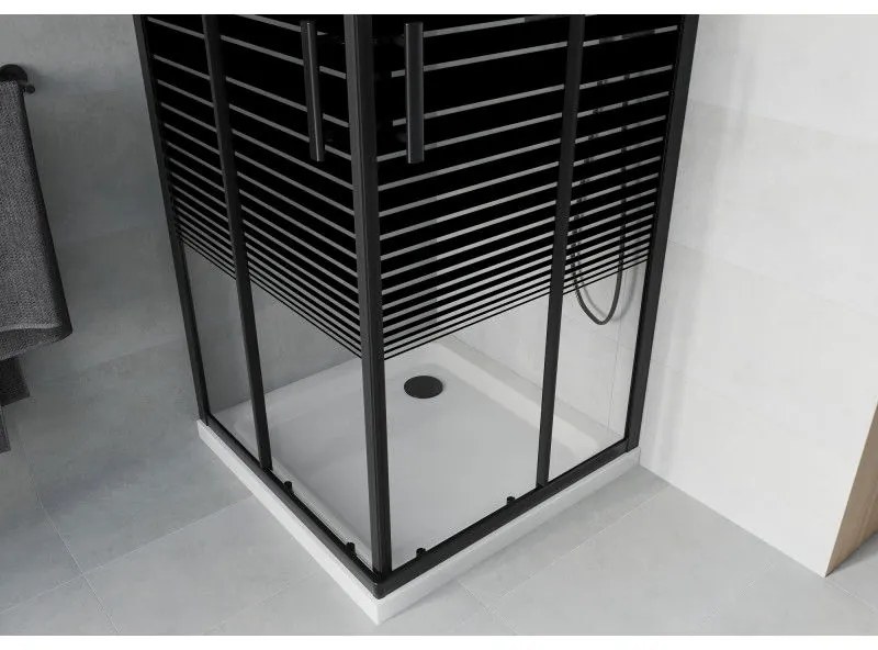 Mexen Rio, štvorcový sprchovací kút s posuvnými dverami 80(dvere) x 80(dvere) x 190 cm, 6mm číre sklo s pásikmi, čierny profil + biela sprchová vanička SLIM, 860-080-080-70-20-4010B