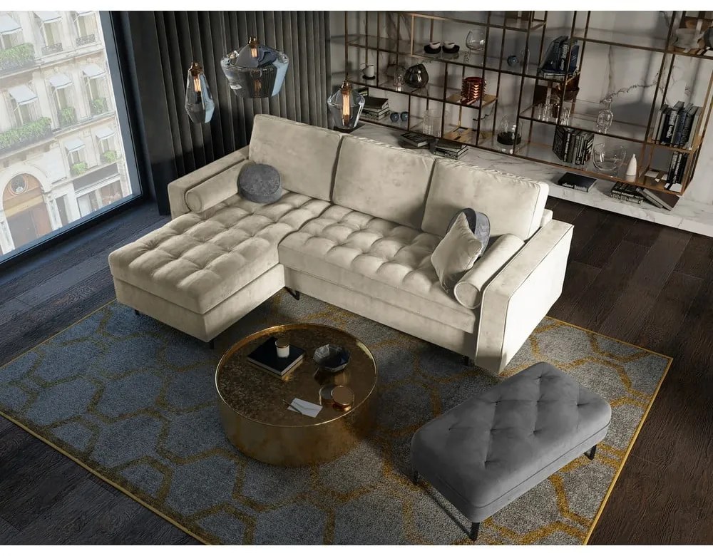 Béžová zamatová rozkladacia rohová pohovka Milo Casa Santo, ľavý roh