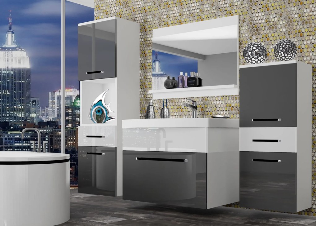 Kúpeľňový nábytok Belini šedý lesk / biely lesk + umývadlo + zrkadlo ROD P 5/0/W/SW/0/ZW