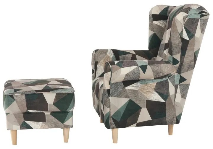 Kondela Kreslo, ušiak s taburetom, hnedozelená vzor látka, ASTRID
