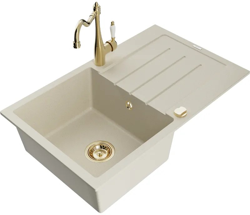 Mexen Bruno, granitový drez 795x495x200 mm, 1-komorový a drezová batéria Carla, béžová, 6513-69-670700-50