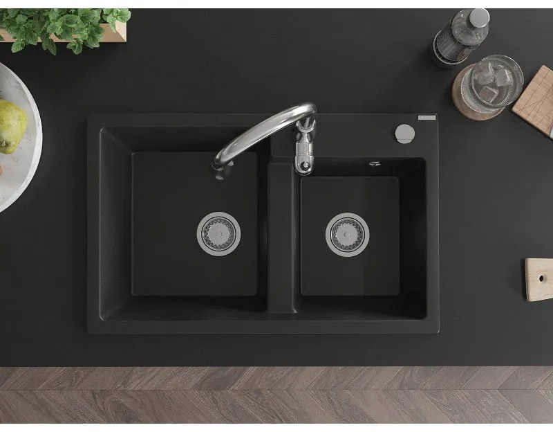 Mexen Tomas, granitový drez 800x500x190 mm, 2-komorový a drezová batéria Savita, čierna, 6516-77-672601-00