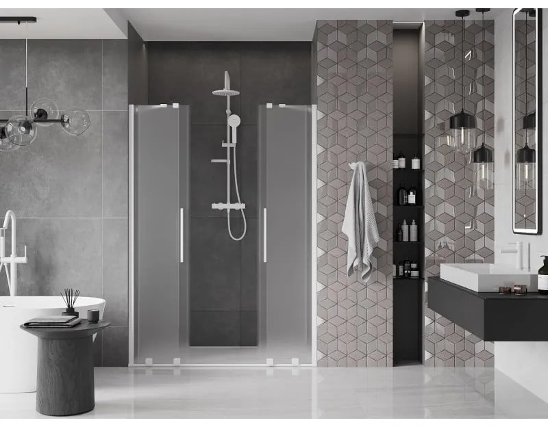 Mexen Velar Duo, posuvné sprchové dvere do otvoru 140 cm, 8mm sklo námraza, biela matná, 871-140-000-32-20