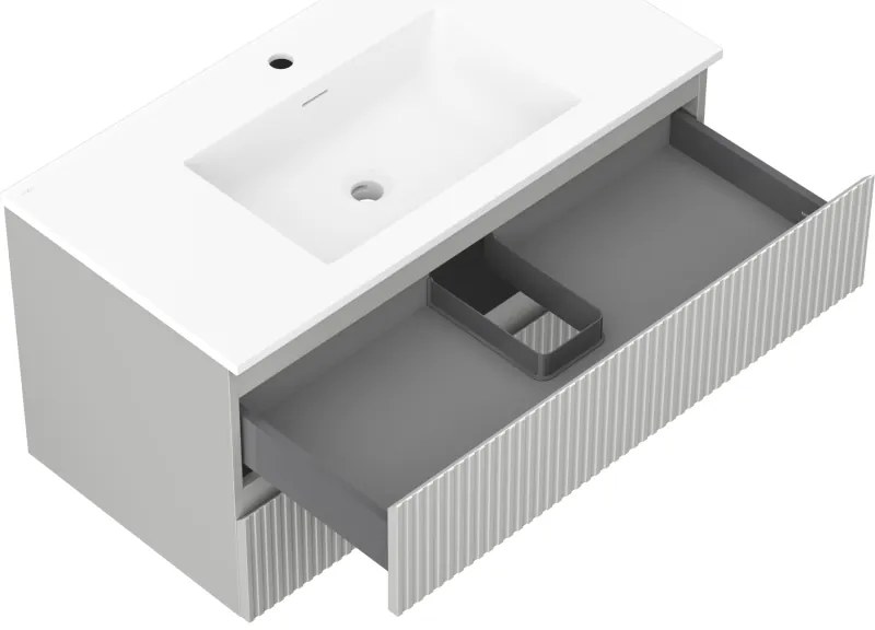 Mexen Rivel, kúpeľňová skrinka 90 cm s umývadlom Otis, 2 zásuvky, drážkovaná, sivá matná/biela, 91A20-09047-2-BFF62-W18M01