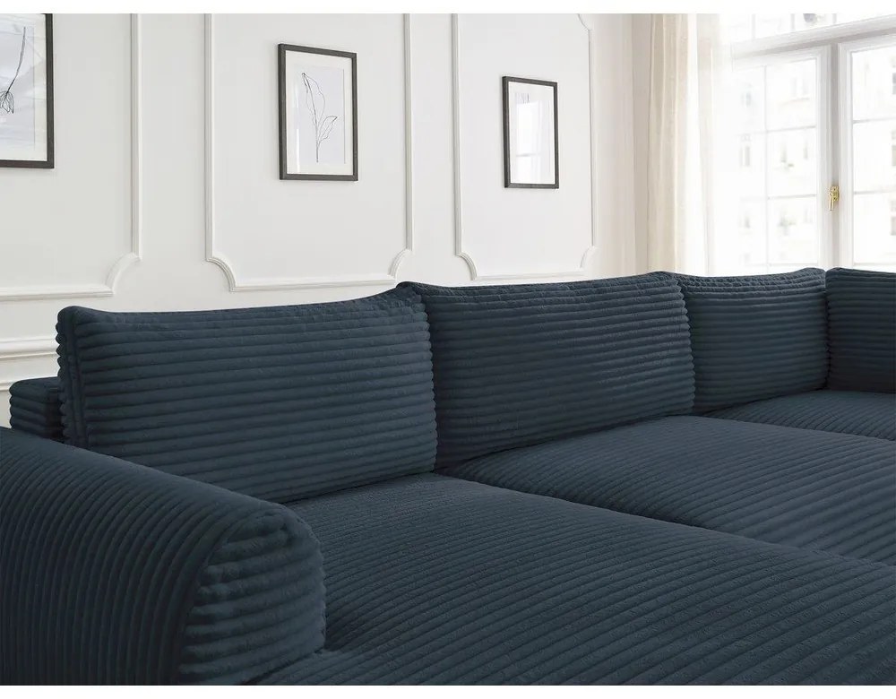 Tmavomodrá menčestrová rozkladacia rohová pohovka (ľavý roh/do "U") Lucien – Bobochic Paris