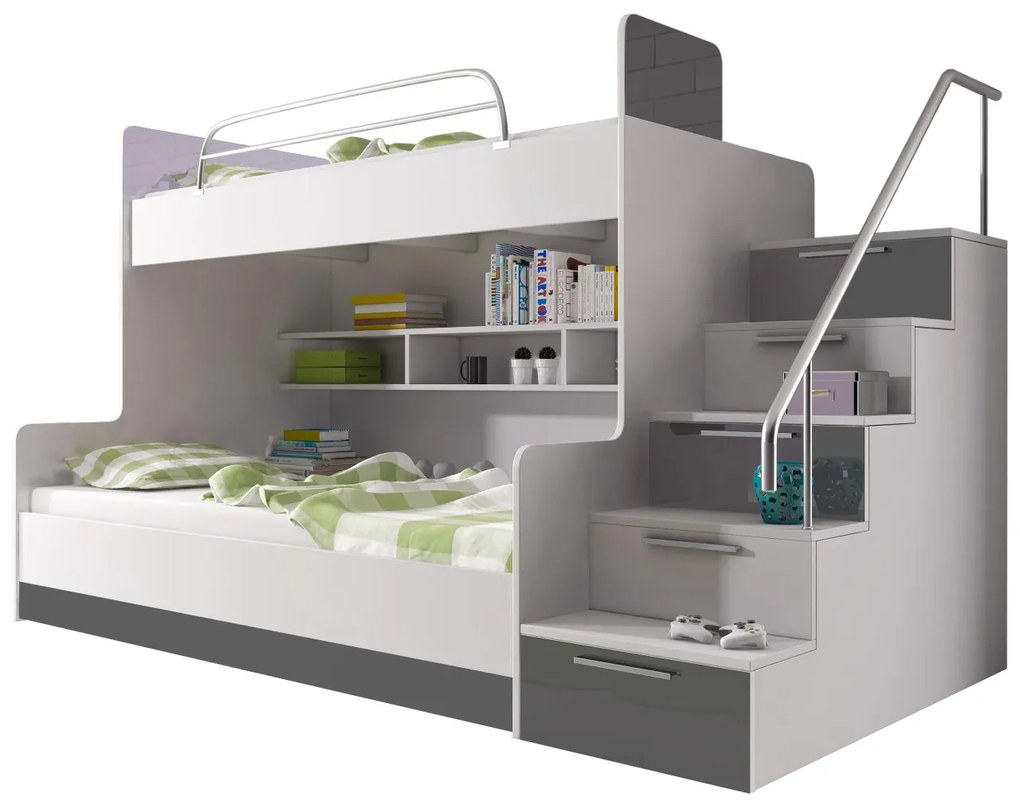 Poschodová posteľ Paradise II, Farby: biela / biely lesk + šedý lesk, Strana: ľavá