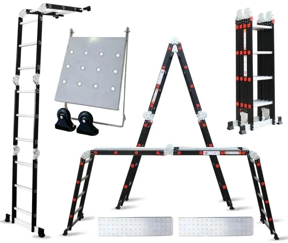 Noela Multifunkčný hliníkový rebrík 4x4 473 cm NVLG-44 BLACK PREMIUM + kolieska, podlážka a polica