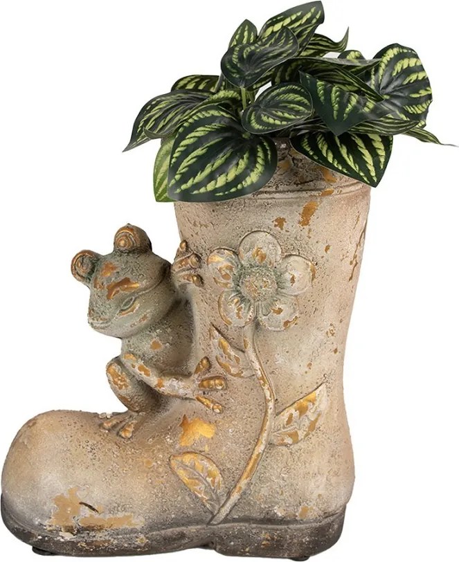 Dekoratívny kvetináč vysoká topánka s kvetinou a žabkou - 26*15*30 cm