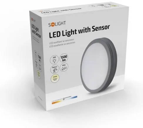 SOLIGHT LED vonkajšie osvetlenie so senzorom Siena, šedé, 20W, 1500lm, 4000K, IP54, 23cm