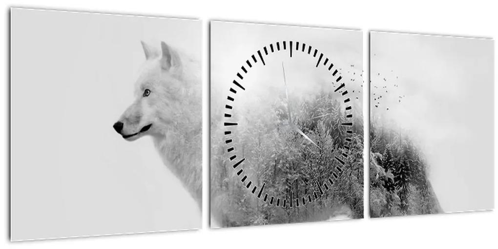 Obraz - Arktický vlk zrkadliaci divokú krajinu, čiernobiely (s hodinami) (90x30 cm)