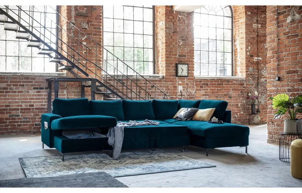 Zamatová rozkladacia rohová pohovka v petrolejovej farbe (pravý roh) Lofty Lilly – Miuform