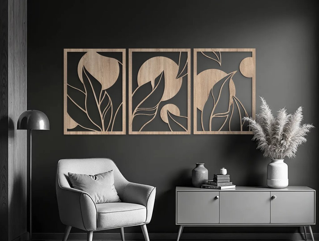 drevko 3-dielny drevený obraz Veľké listy Rozmer obrazu: 44,5 x 99 cm, Farba dekorácie: Čierna