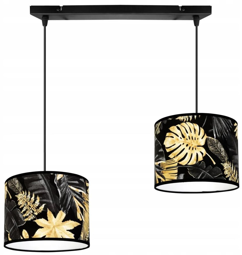 Závesné svietidlo Gold Flowers, 2x čierne textilné tienidlo s kvetinovým vzorom