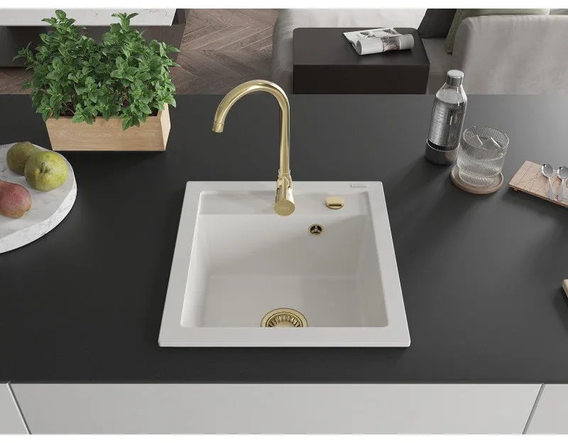 Mexen Vito, granitový drez 520x490x210 mm, 1-komorový, biela so zlatým sifónom, 6503521000-20-G