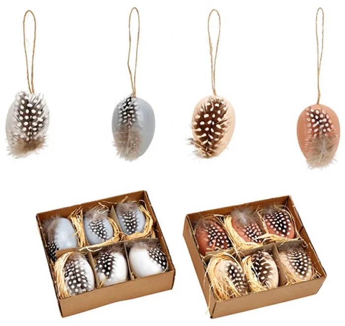 Sada 6 závesných veľkonočných vajíčok s perím, šedá/hnedá