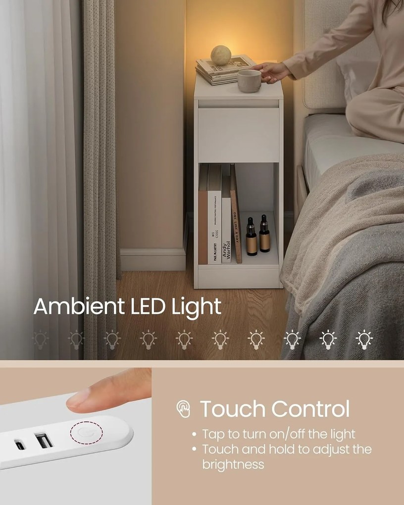 Úzky nočný stolík s nabíjacou stanicou a LED svetlom, s USB portami, biely
