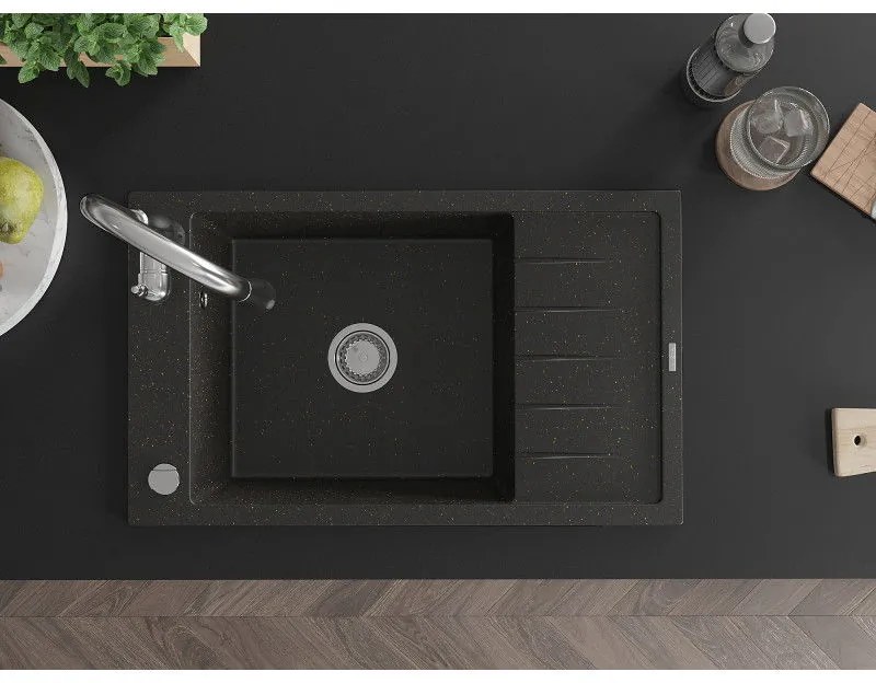 Mexen Elias, 1-komorový granitový drez 795x480x200 mm a drezová batéria Savita, čierna-zlatá metalíza, 6511-75-672601-00