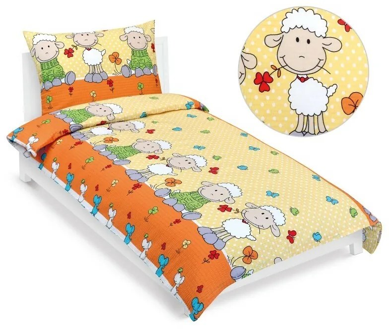 Bellatex Detské krepové obliečky Ovečka žltá, 140 x 200, 70 x 90 cm