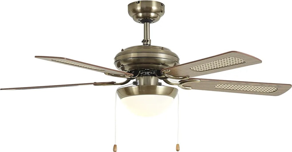 Stropný ventilátor mosadz s drevenou potlačou a ratanom 105 cm s ťahovým spínačom - Mistral Majas