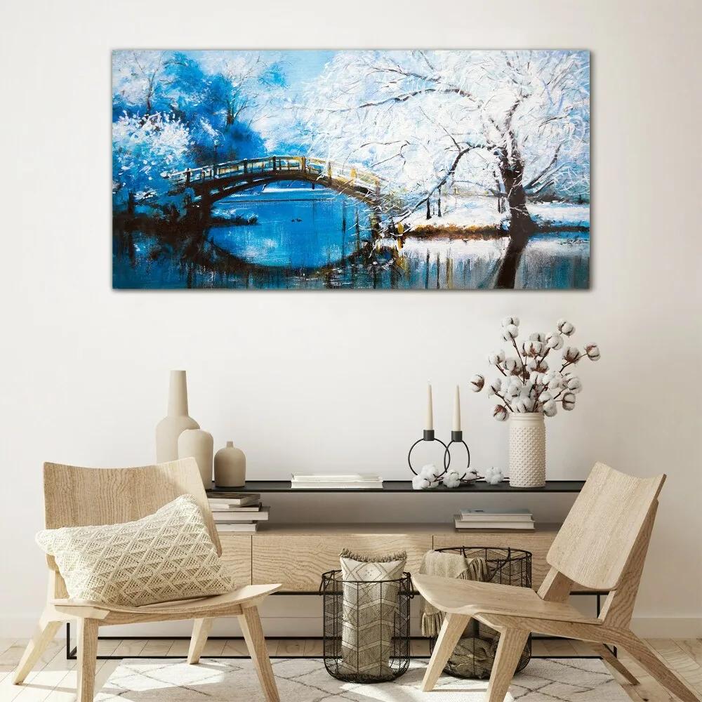 Skleneny obraz Zimné riečny strom most