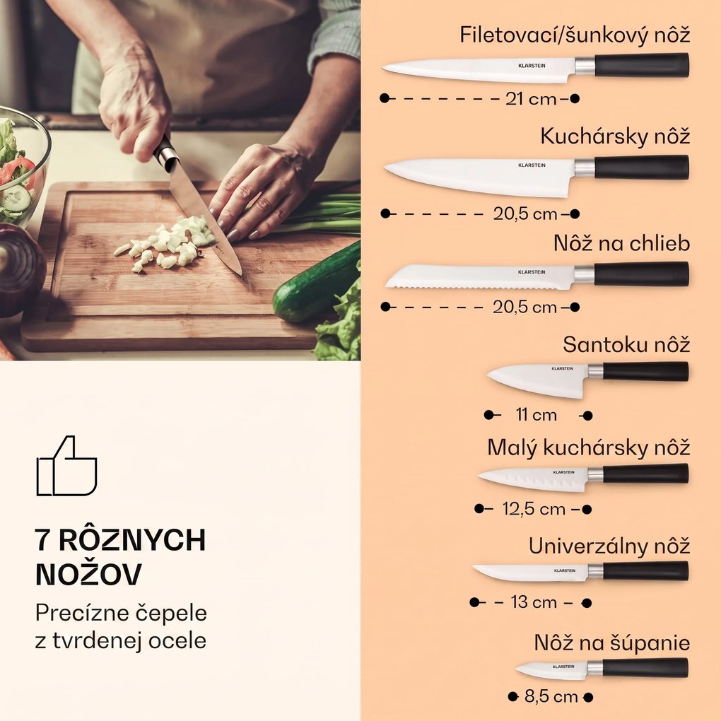 Klarstein Kitano, sada nožov s blokom, 8-dielna, 7 nožov, oceľ, luxusný drevený blok