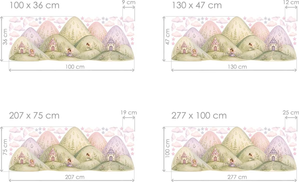 Hory a kopce s vílami nálepky na stenu pre dievčatá hárok 100 x 36 cm
