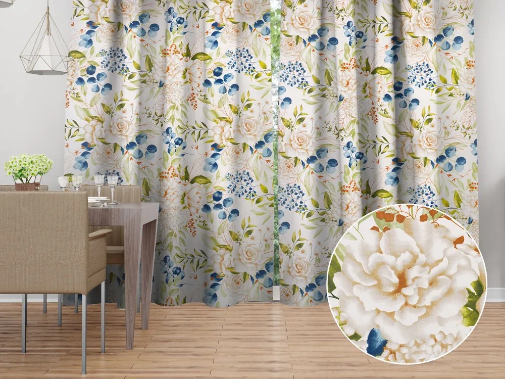 Biante Bavlnený záves Sandra SA-668 Kvety a modro-zelené listy na bielom 150x140 cm