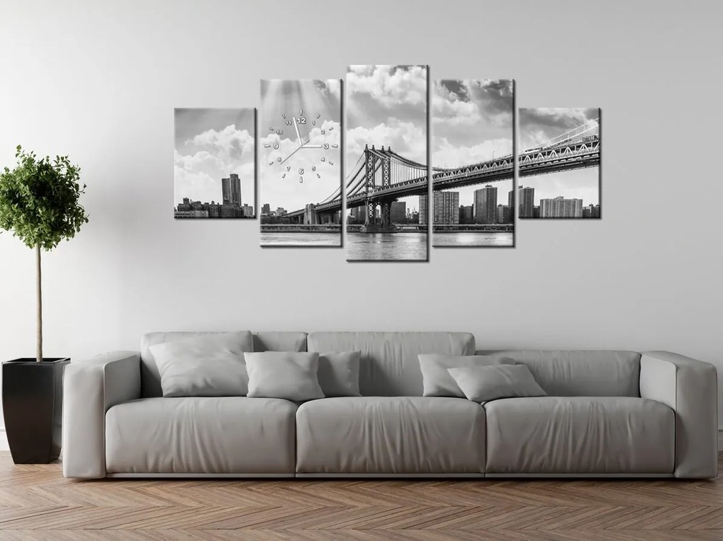 Gario Obraz s hodinami Brooklyn New York - 5 dielny Rozmery: 150 x 70 cm