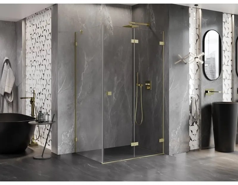 Mexen Lunar-F, 1-krídlový sprchový kút so skladacími dverami, pravý, 95 x 90 cm, 8mm číre sklo, zlatý matný profil, 836-095-090-55-00-P