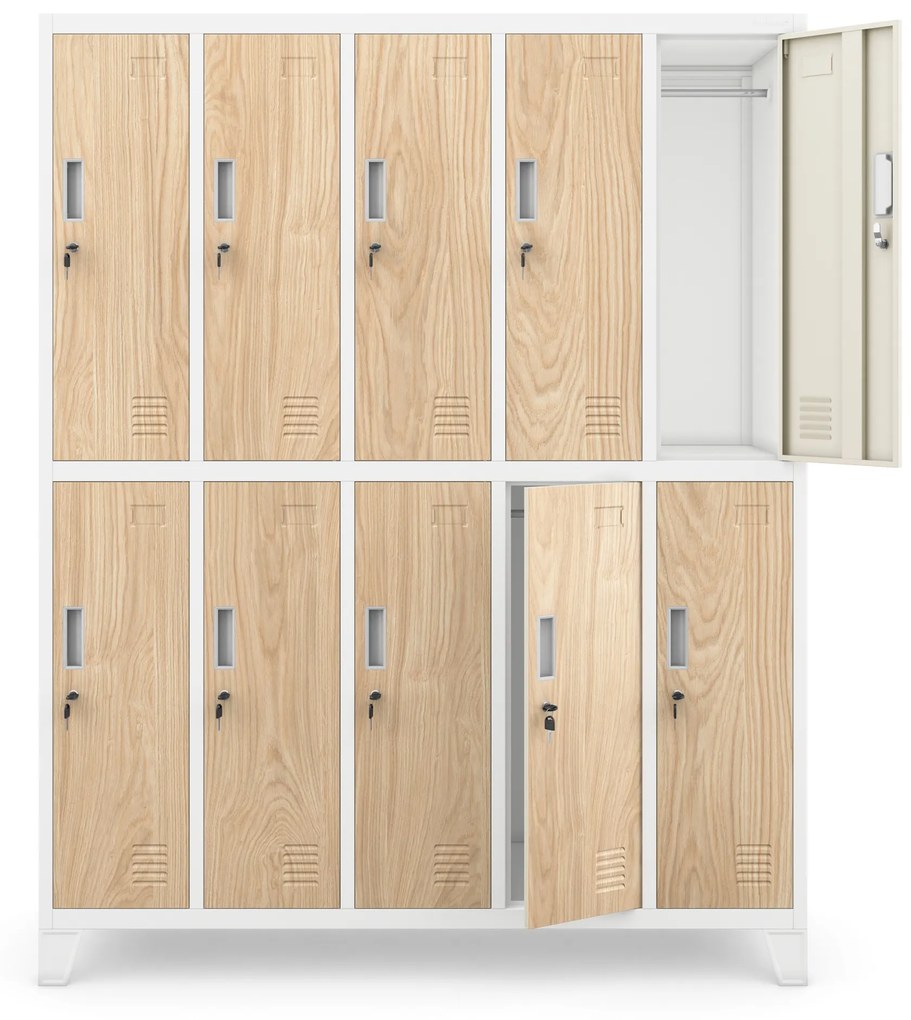 Kovová šatňová boxová skriňa na nôžkach s 10 boxami BARTEK, 1360 x 1720 x 450 mm, Eco Design: biela/ dub sonoma