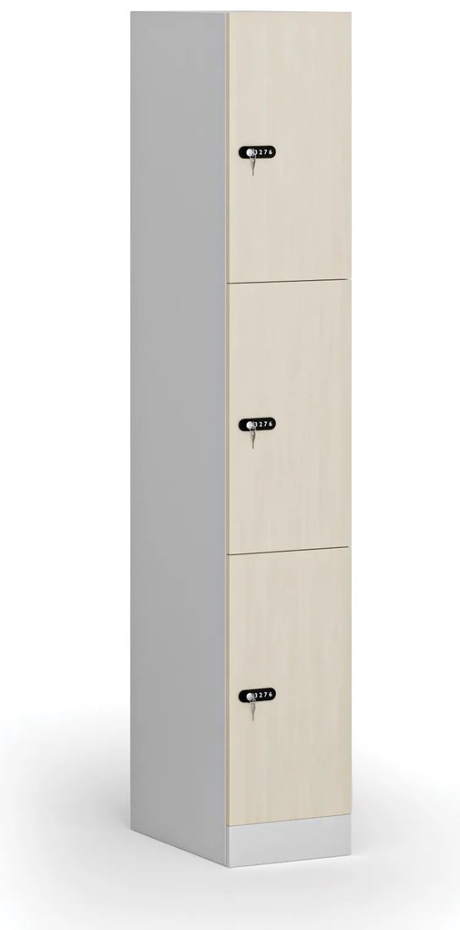 Šatníková skrinka s úložnými boxmi, 3 boxy, 1850 x 300 x 500 mm, demont, mechanický kódový zámok, laminované dvere, breza