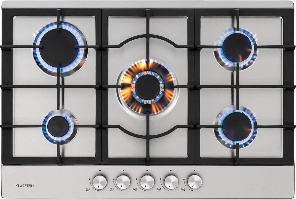 Klarstein Ignito 5 Zonen, plynová varná doska, 5 Sabaf horákov, nehrdzavejúca oceľ, strieborná