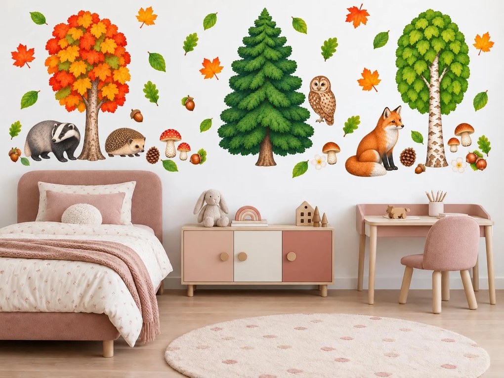Líška a jazvec pod stromami realistické lesné nálepky na stenu pre chlapcov aj dievčatá arch 35 x 46 cm