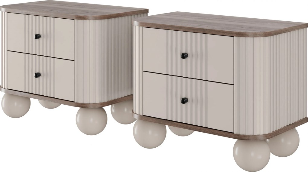 Súprava nočných stolíkov Vesper 56 cm - kašmír / orech / čierne úchytky / guľové nohy