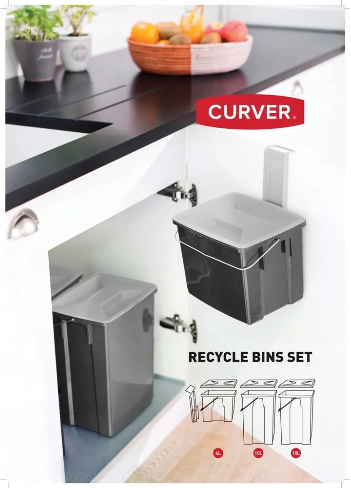 Čierne plastové odpadkové koše v súprave 3 ks 2x10+6 l na triedený odpad Biobox – Curver