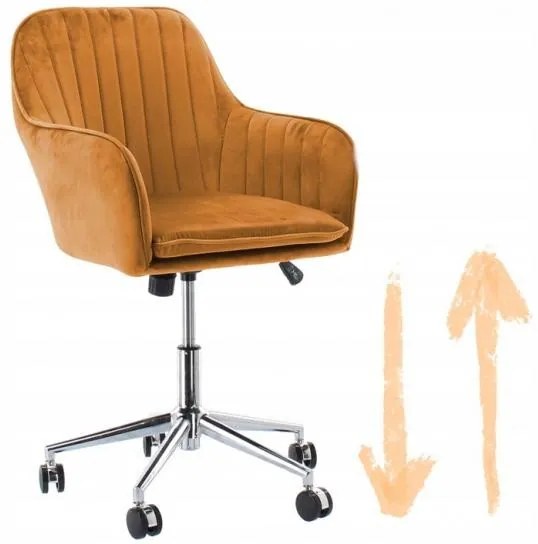 Elegantné otočné kreslo zo zamatu v horčicovožltej farbe