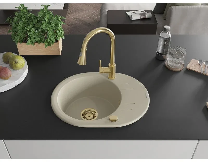 Mexen Kevin, 1-komorový granitový drez 586x458x190 mm a drezová batéria Elia, béžová, 6517-69-670101-50