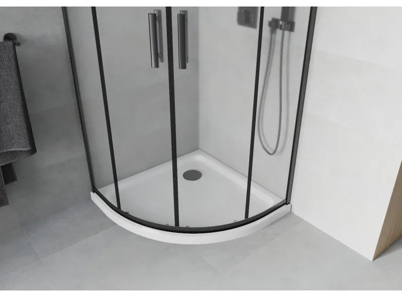 Mexen Rio, štvrťkruhový sprchovací kút s posuvnými dverami 90(dvere) x 90(dvere) x 190 cm, 6mm sklo námraza, čierny profil + biela sprchová vanička SLIM, 863-090-090-70-30-4110B