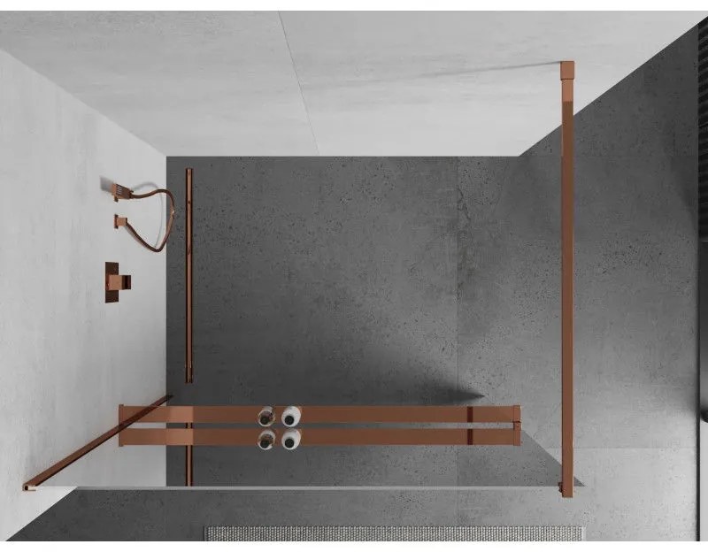 Mexen Kioto, sprchová zástena s poličkou a držiakom na uteráky 120 x 200 cm, 8mm sklo s efektom zrkadla, profil ružové zlato, 800-120-121-60-50