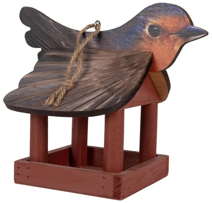 Hnedé drevené závesné krmítko pre vtáčiky s dekorom červienka - 17*25*21 cm
