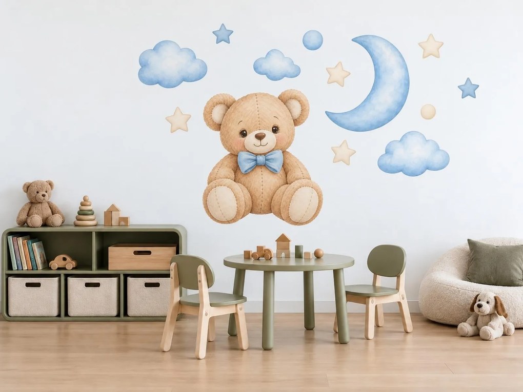 Medvedík s modrým motýlikom textilné nálepky na stenu do izby pre chlapčeka hárok 46 x 34 cm