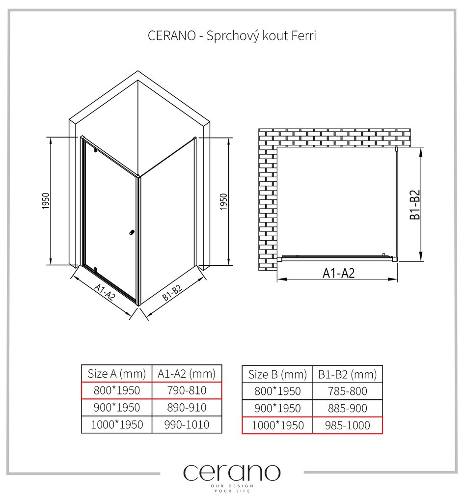 Cerano Ferri, krídlový sprchovací kút 80(dvere) x 100(stena) x 195 cm, 6mm číre sklo, čierny profil, CER-CER-427477