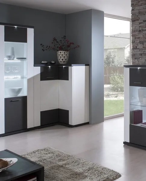 Vysoká vitrína Caracas typ 02, grafit / biely lesk, s osvetlením