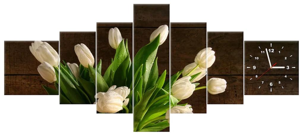 Gario Obraz s hodinami Očarujúce biele tulipány - 7 dielny Rozmery: 160 x 70 cm