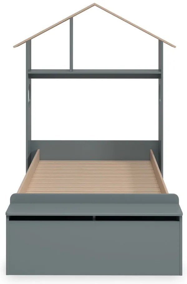 Domčeková detská posteľ v dekore borovice s úložným priestorom s roštom 90x190 cm v prírodnej farbe/sivozelená Odessa – Marckeric