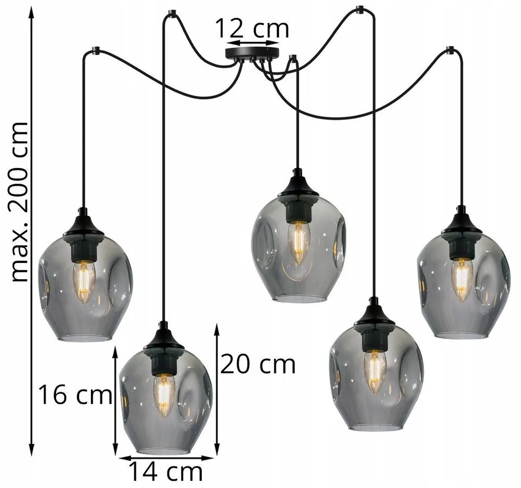Závesné svietidlo Praga spider, 5x sklenené tienidlo (mix 3 farieb)