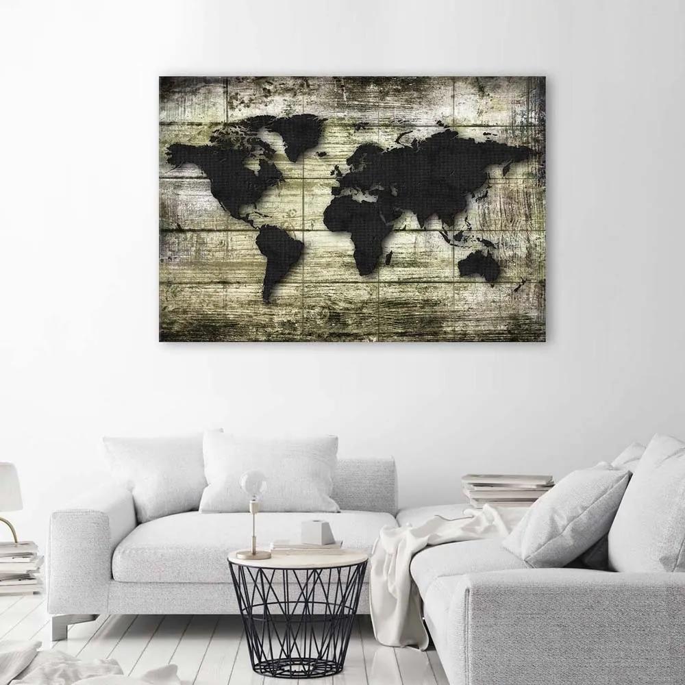 Obraz na plátně Prkenná černá mapa světa - 120x80 cm